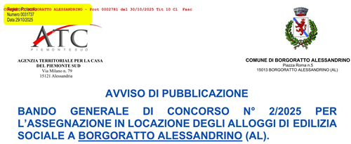 Avviso di pubblicazione - Bando generale di concorso n° 2/2025 per l’assegnazione in locazione degli alloggi di edilizia sociale a Borgoratto Alessandrino (AL)